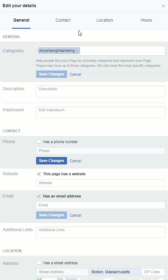 facebook page business details