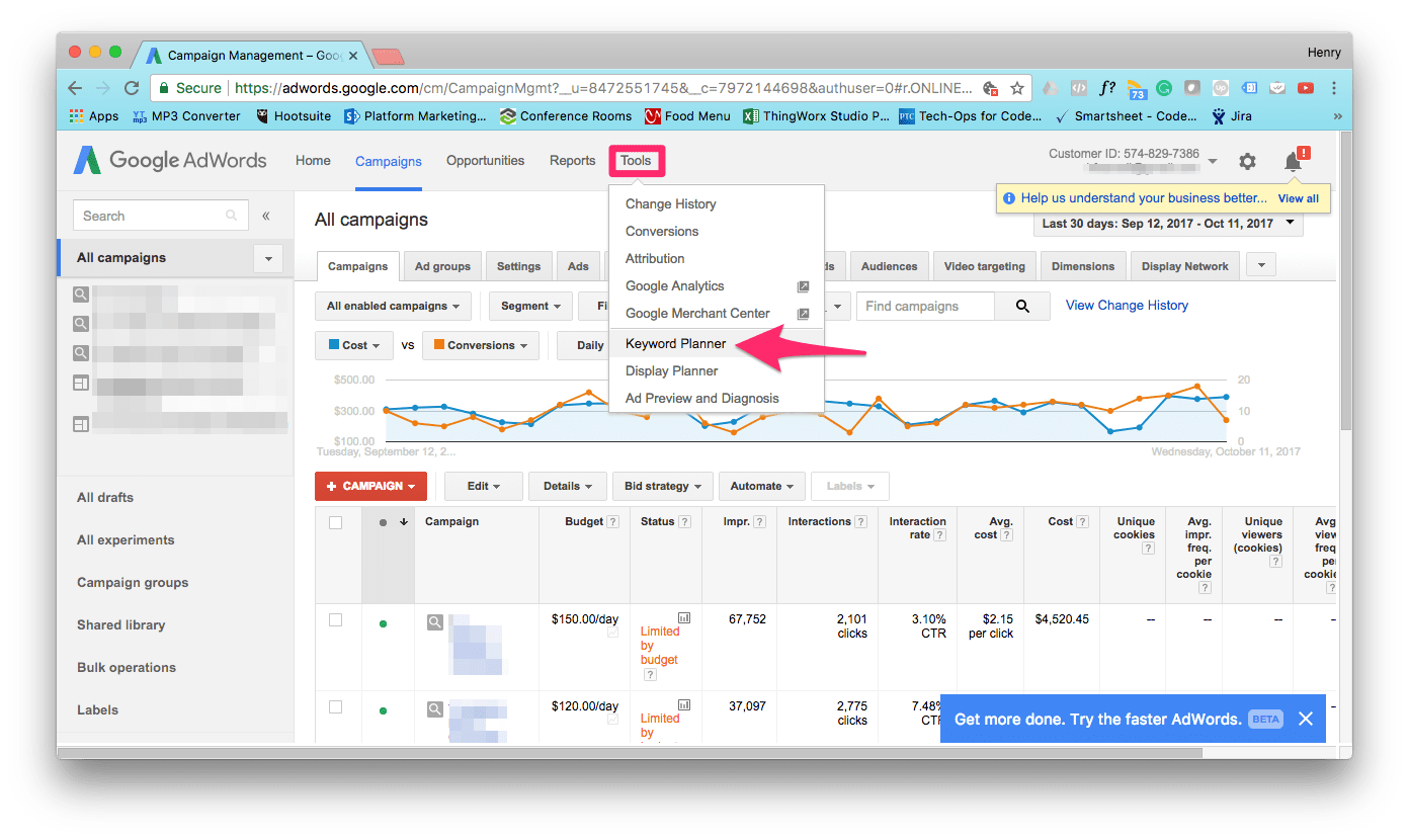 How to find the Google AdWords Keyword planner tool