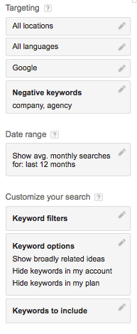 Keyword Filters in the Keyword Planner tool