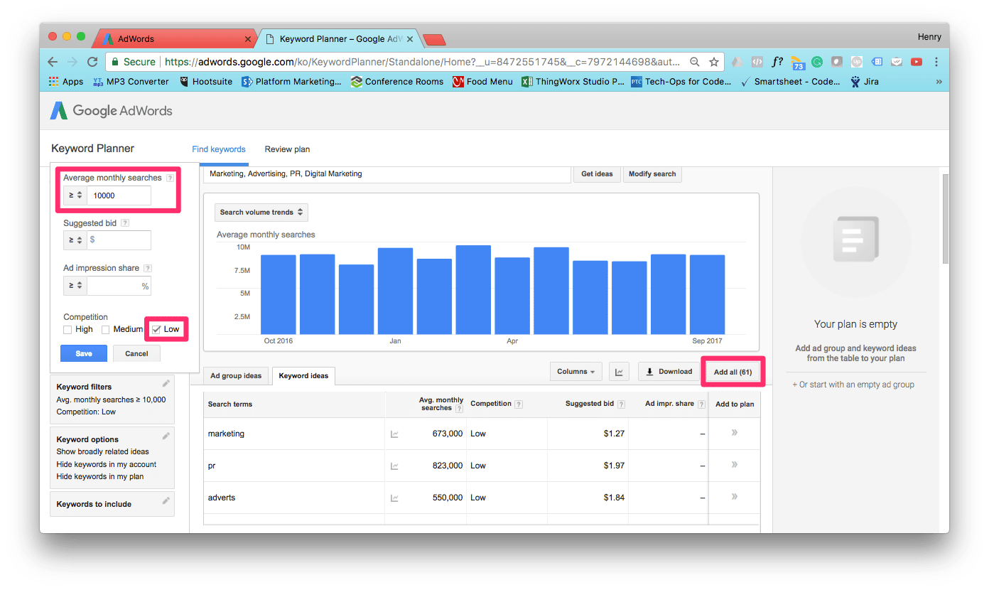 Setting up keyword filters