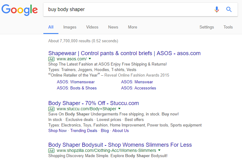 Body Shaper stores on AdWords