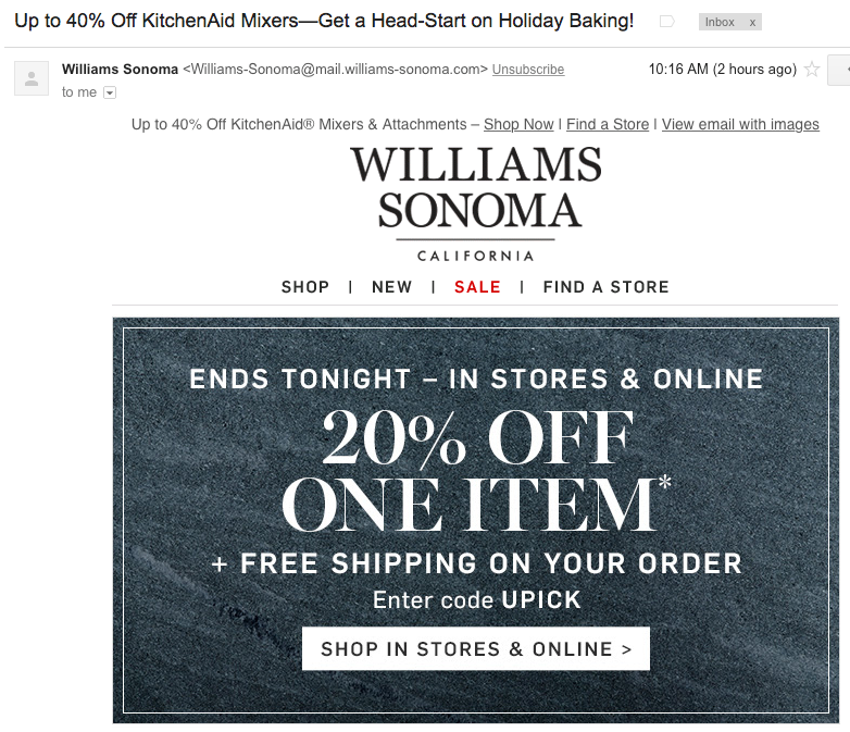Williams Sonoma holiday email coupon