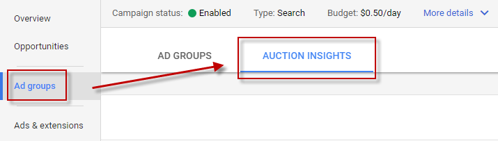 Ways to find competitor keywords Google AdWords Auction Insights tab