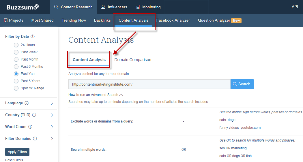 Ways to find competitor keywords BuzzSumo Content Analysis tool