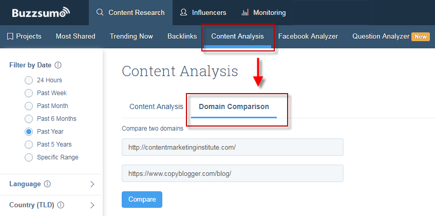 Ways to find competitor keywords BuzzSumo domain comparison tool