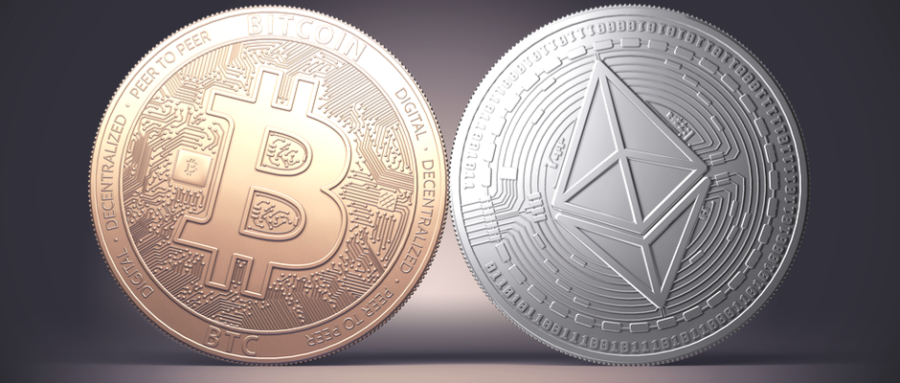 a bitcoin and an ethereum coin