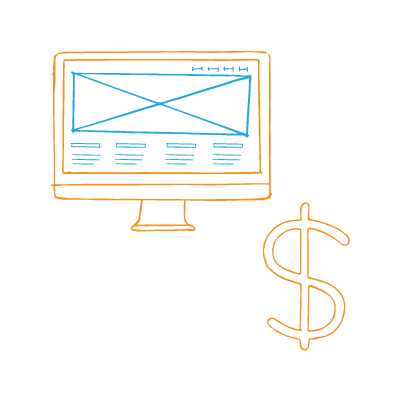 A computer screen with a digital mockup, a dollar sign — success starts with excellent website content.
