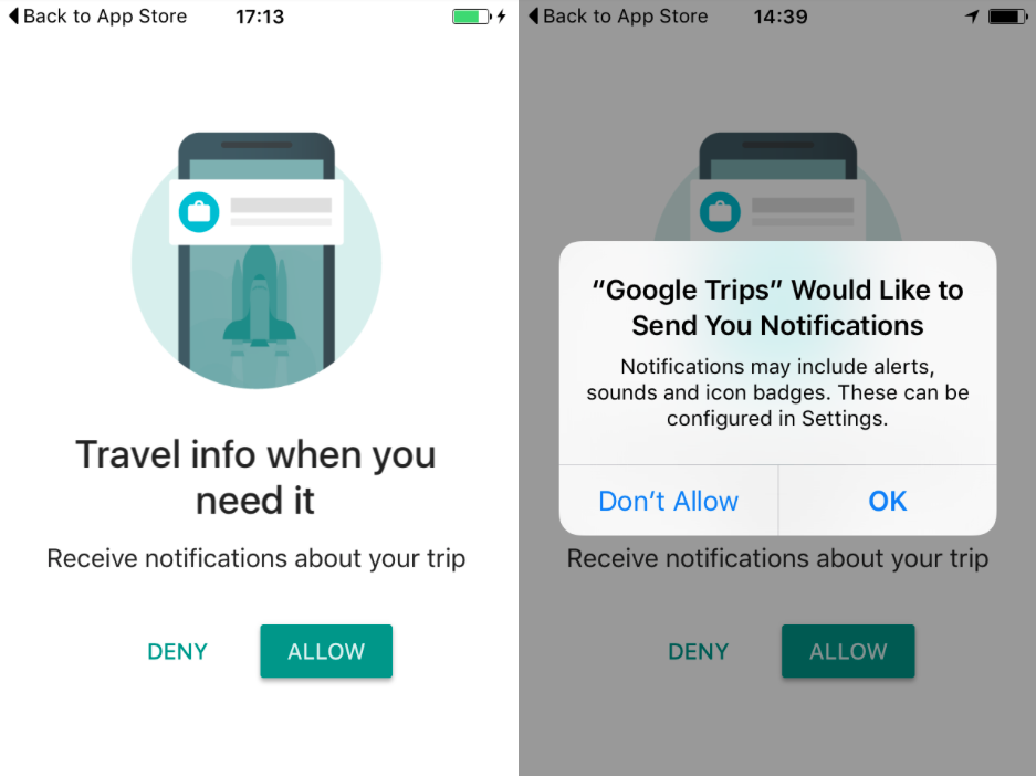 Notification request screens from Google Trips
