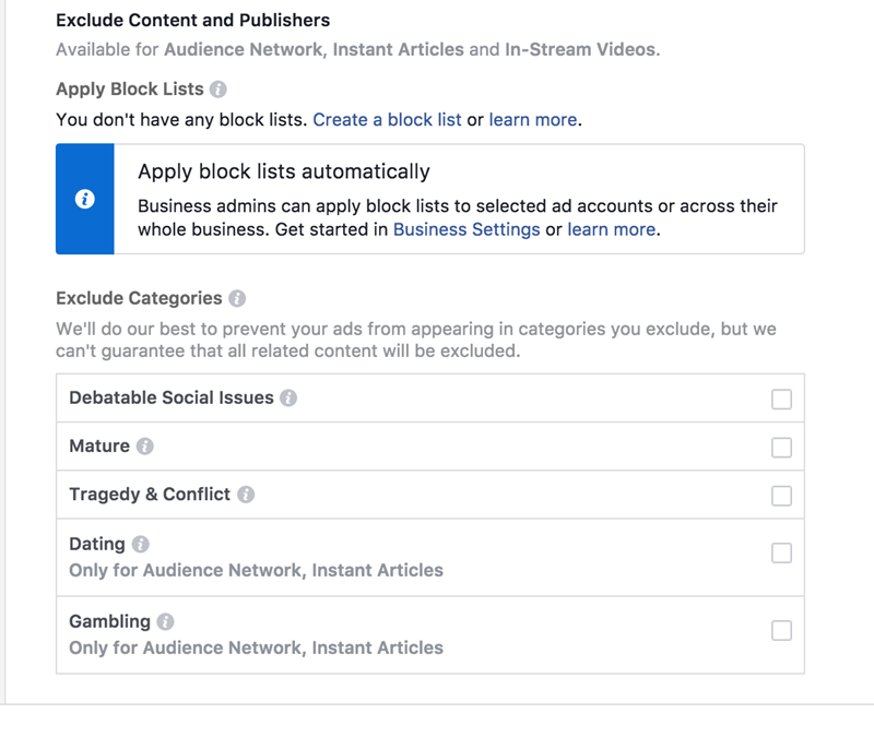 facebook ads exclude audience network specific content and publishers