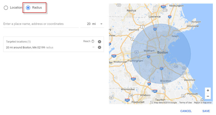 Hyperlocal marketing AdWords geolocation settings radius targeting