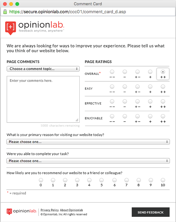 Screenshot of OpinionLab Comment Card