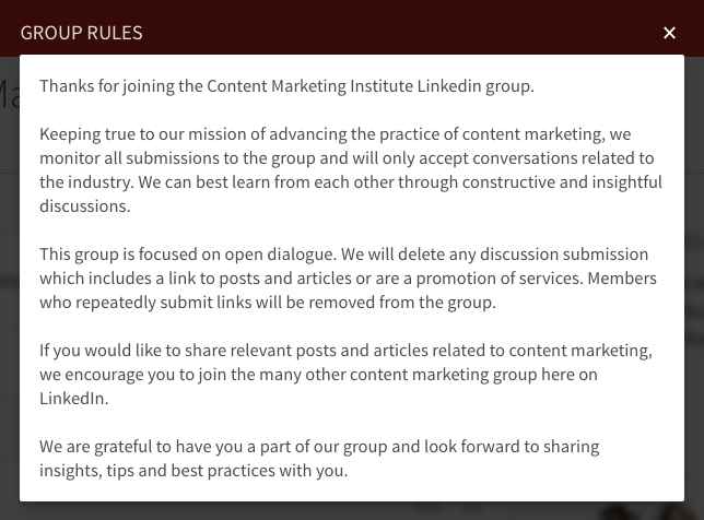 Content Marketing Institute LinkedIn Group rules