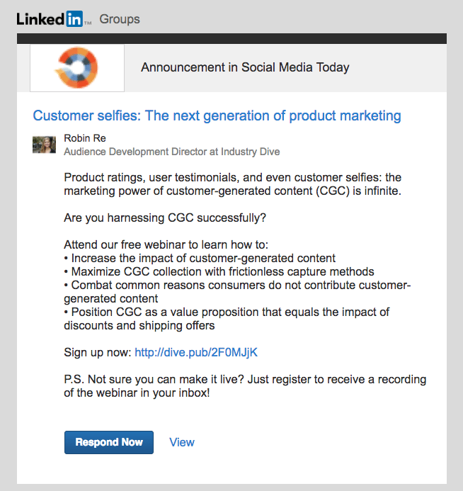 LinkedIn Group announcement example