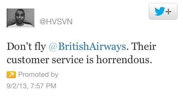 Social media crisis management sponsored tweet dont fly British Airways twitter HVSVN