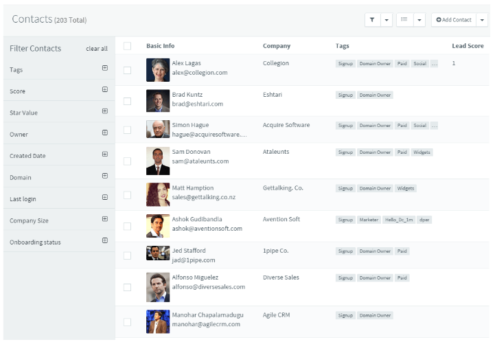 agilecrm contact list to convert leads