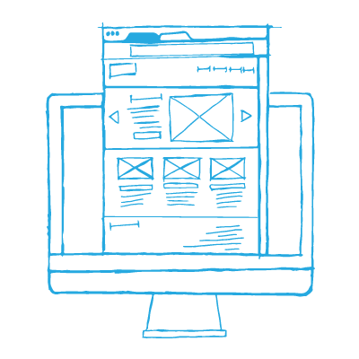 A wireframe design rising out of a mac computer screen — website builders seem like the easy way to get a business website, but they often end in tragedy. We believe the best website builder is NO website builder.