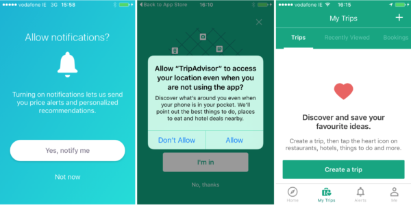 Screenshot showing travel app with permissions