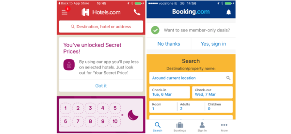 Screenshots of discounts given travel apps