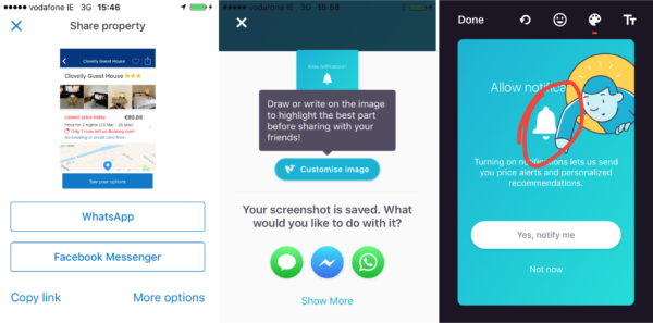 Screenshot of travel apps showing social sharing