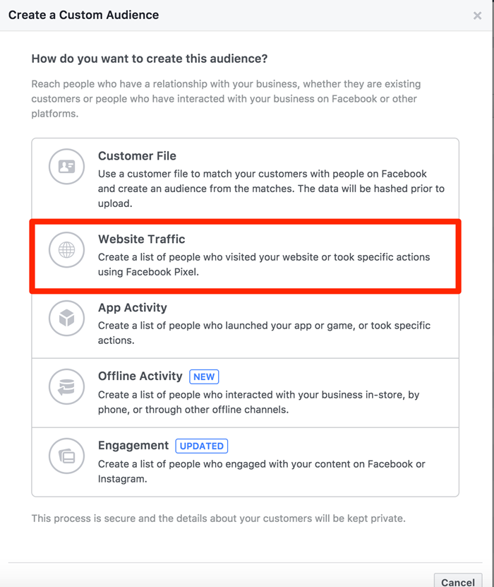 create custom facebook audience based on website traffic