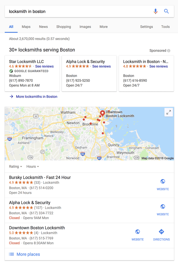 Google Search Locksmiths in Boston Maps 3-Pack