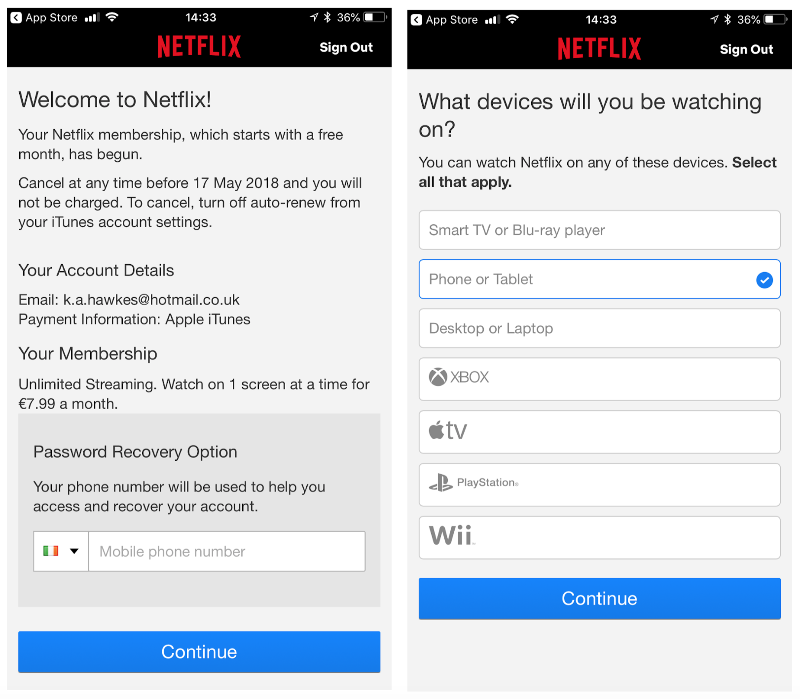 Netflix app sign up screens