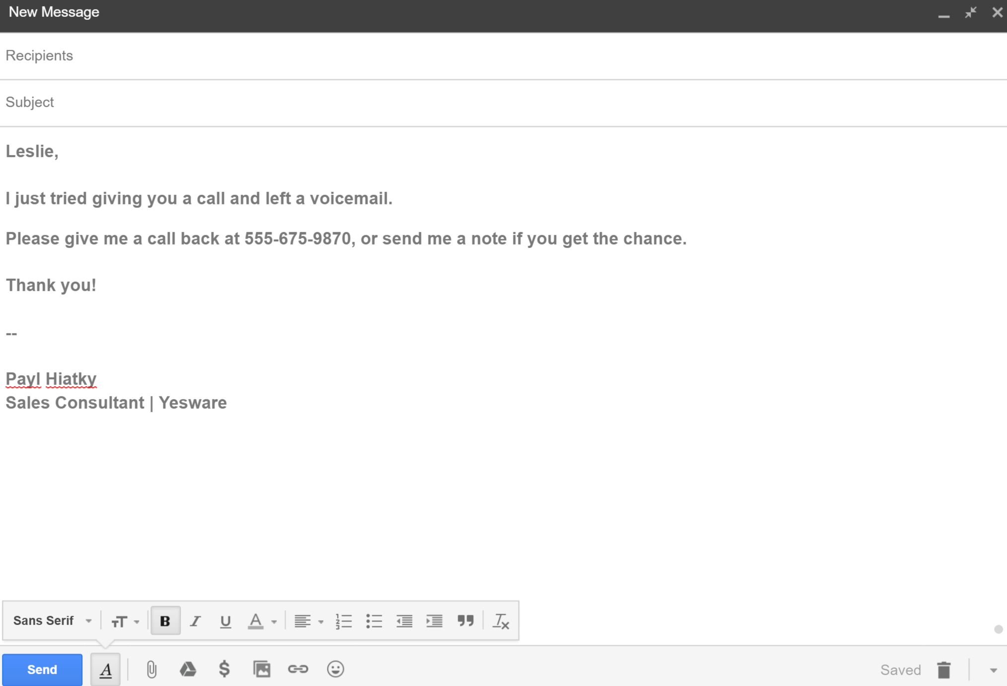 Cold Email example After Voicemail 1