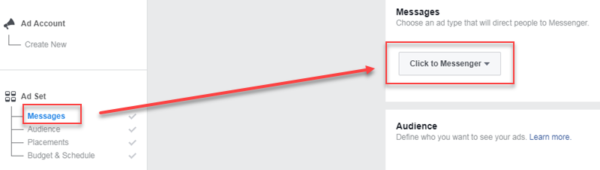 facebook click to messenger ad set level