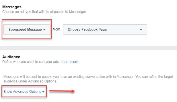 facebook sponsored message ads advanced audience options