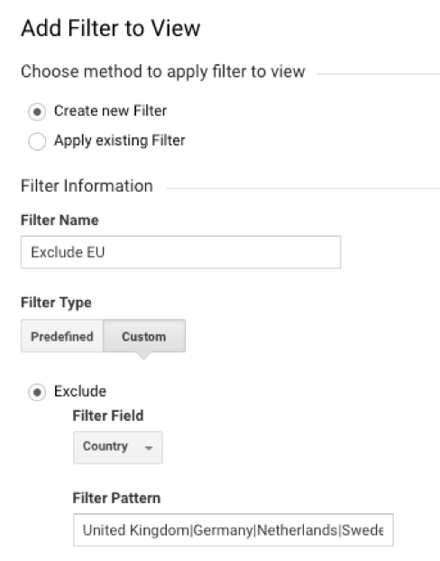 GA admin filter to exclude the EU from all data collection for a specific GA View