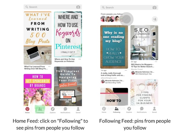 Pinterest home feed and following feed