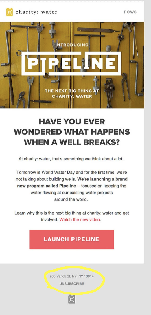 Charity Water – Email Marketing – Unsubscribe Link