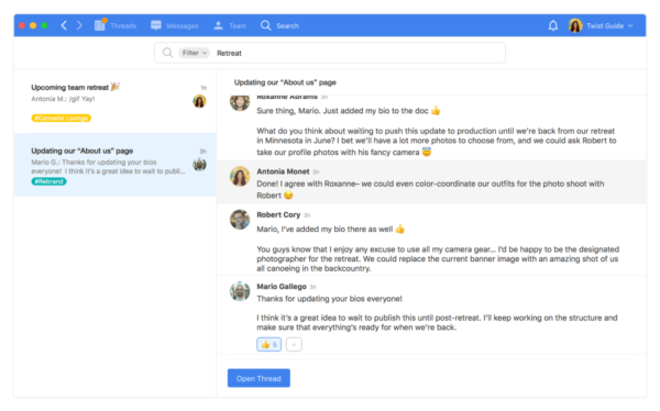 A screenshot showing the Twist collaboration tool in action, with users discussing work on an About Us page and a team retreat