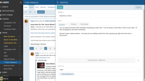 A user composes a Post in a Public Relations team channel on Ryver