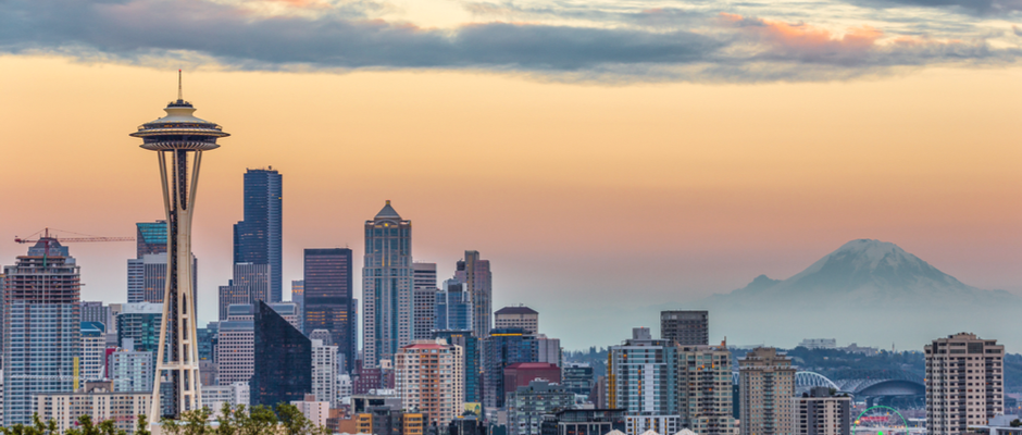 skyline of Seattle at sunset