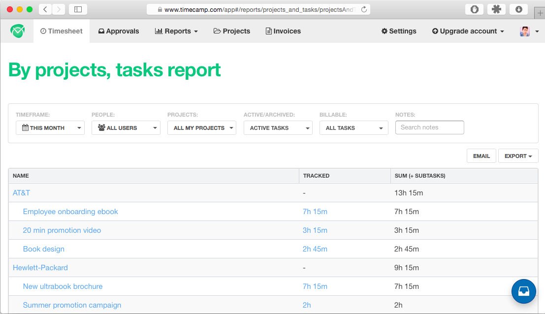 Tasks report in TimeCamp, showing time tracked per task on multiple projects