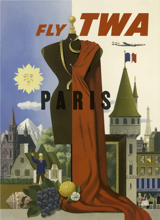 Vintage travel poster for Paris via Wikimedia Commons