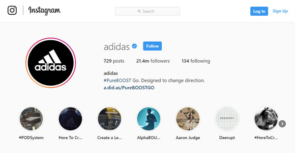 Adidas Instagram screen