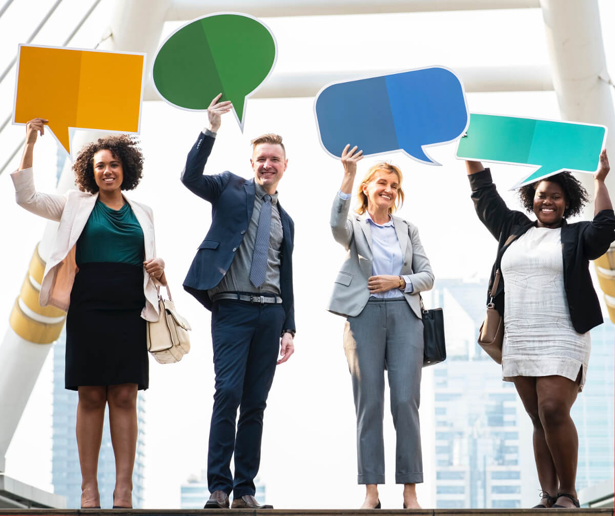People holding speech bubbles