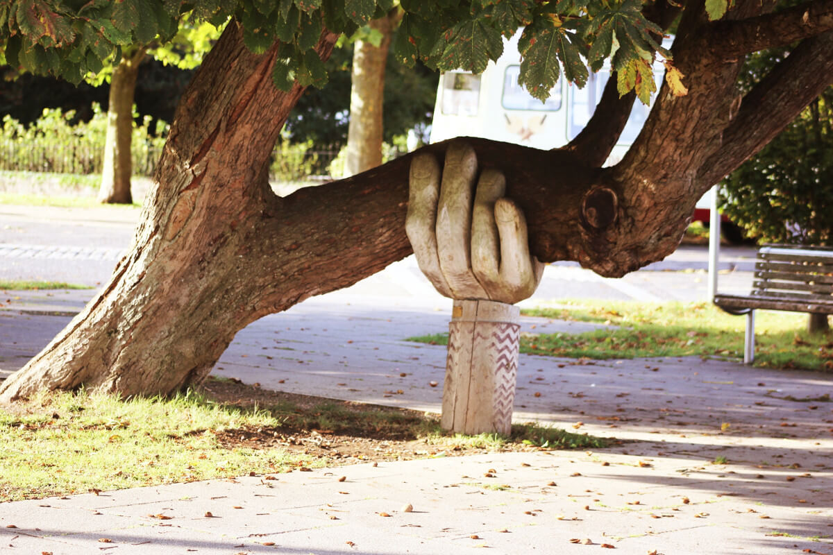 A stone hand supporting a tree