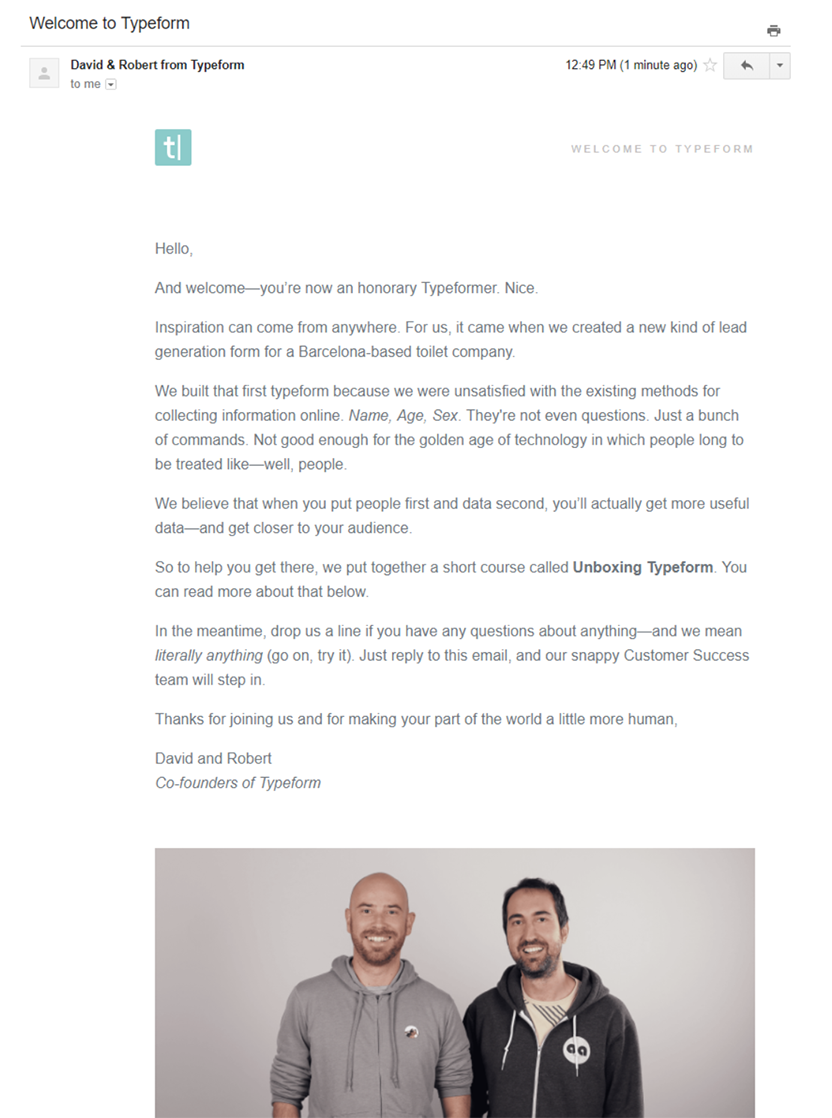 Typeform welcome email