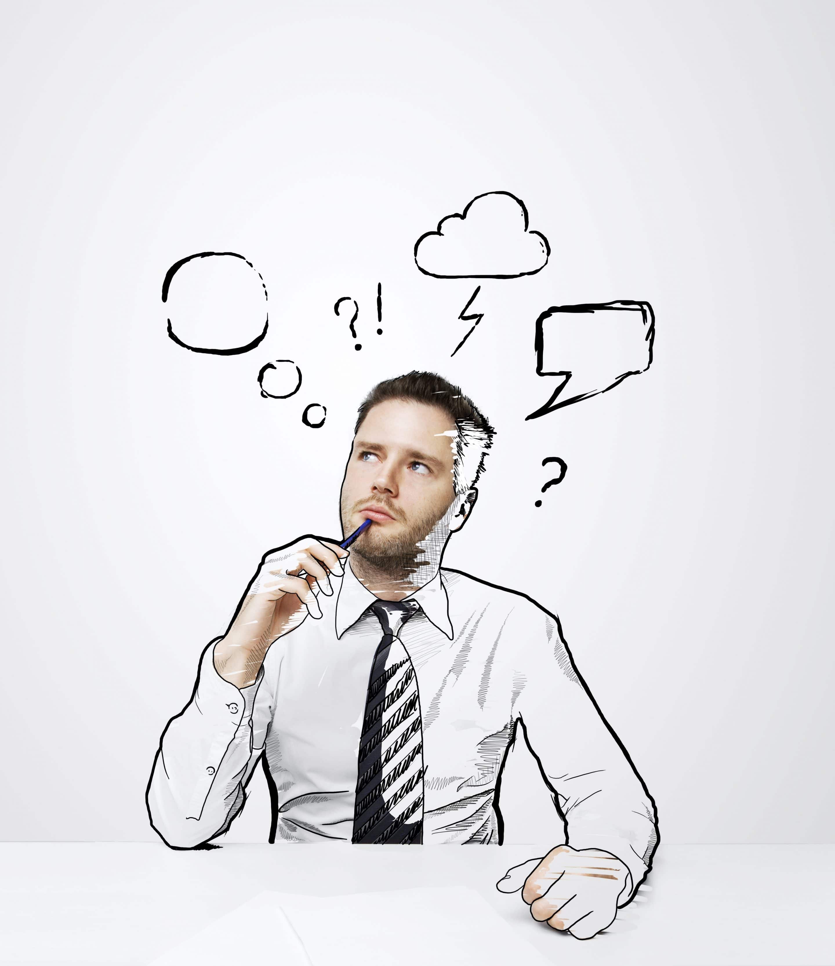 Thinking drawing man sitting on table with cloud