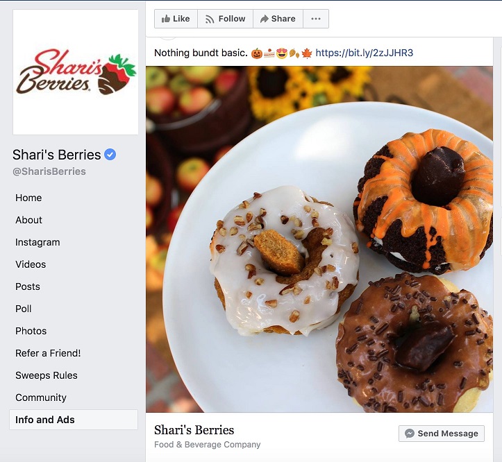 Facebook ad transparency ecommerce strategy Sharis Berries page