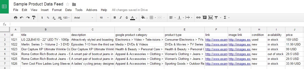 Google shopping reviews example of a product data feed
