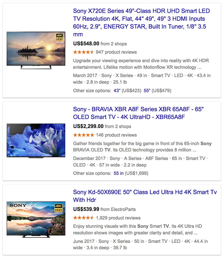 Searching for UHD TVs on Google Shopping