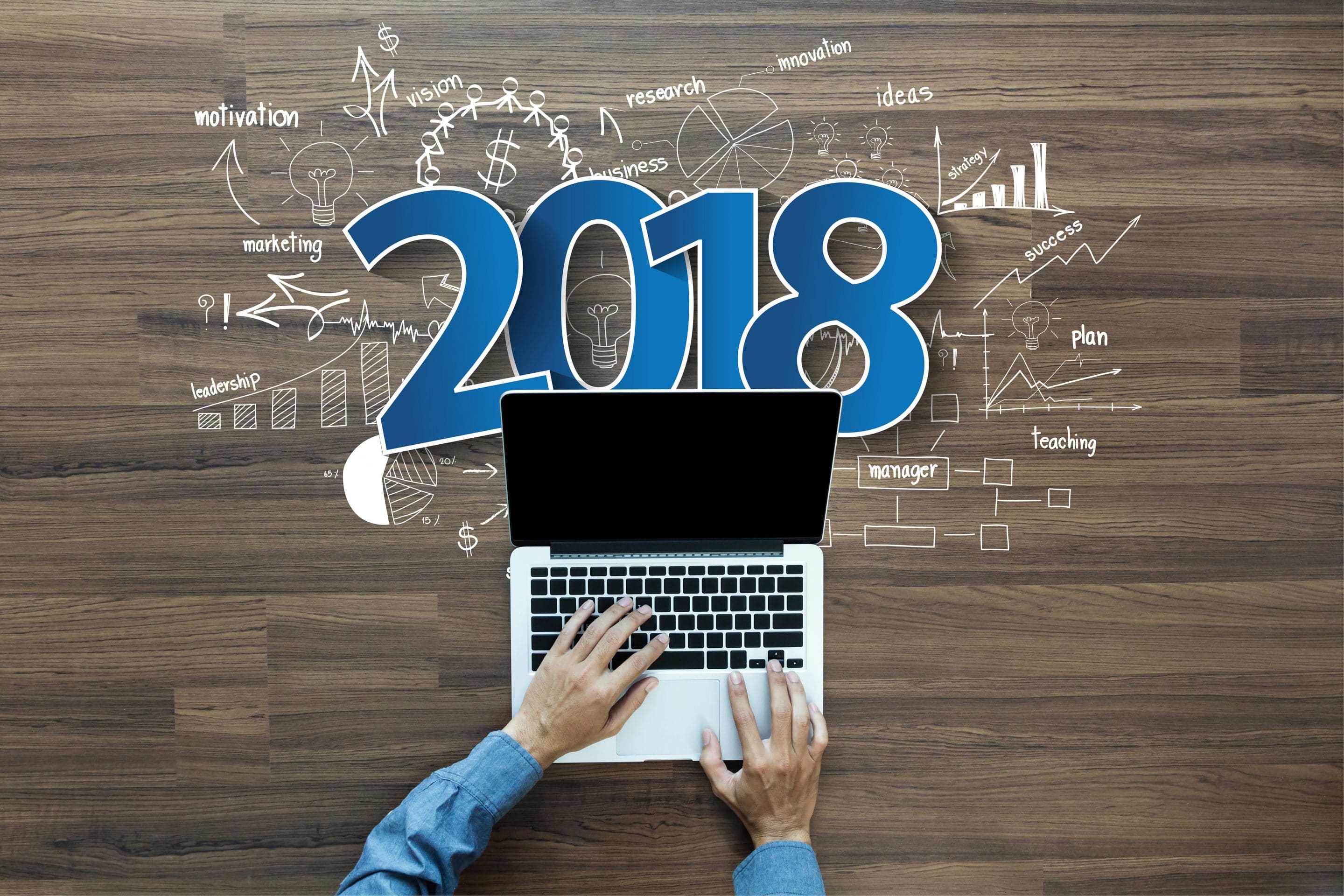 2018 new year business success, Creative thinking drawing charts and graphs strategy plan ideas wooden table background, Inspiration concept with businessman working on laptop computer PC, Top View