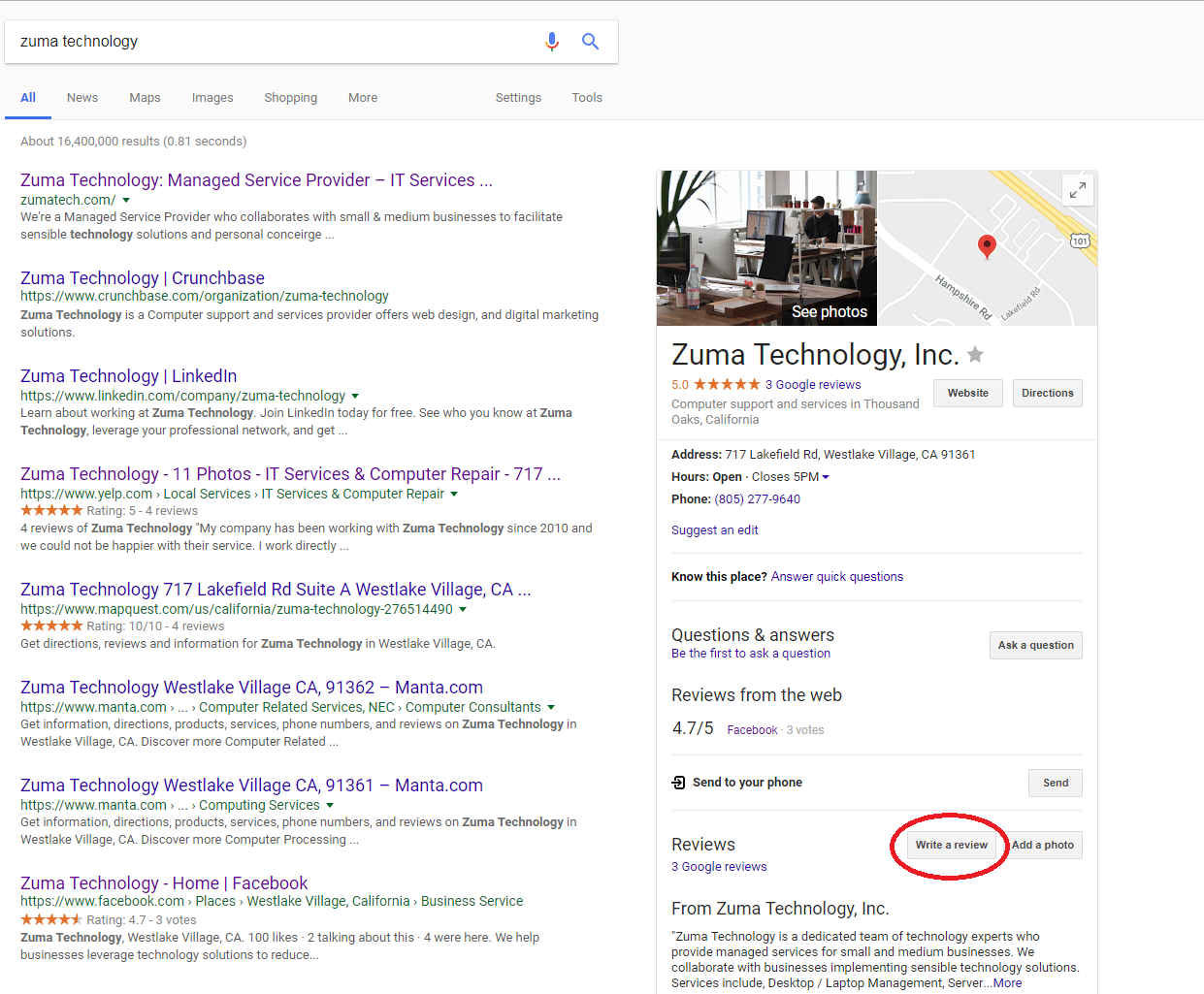 An image of Googles search page after searching for a business