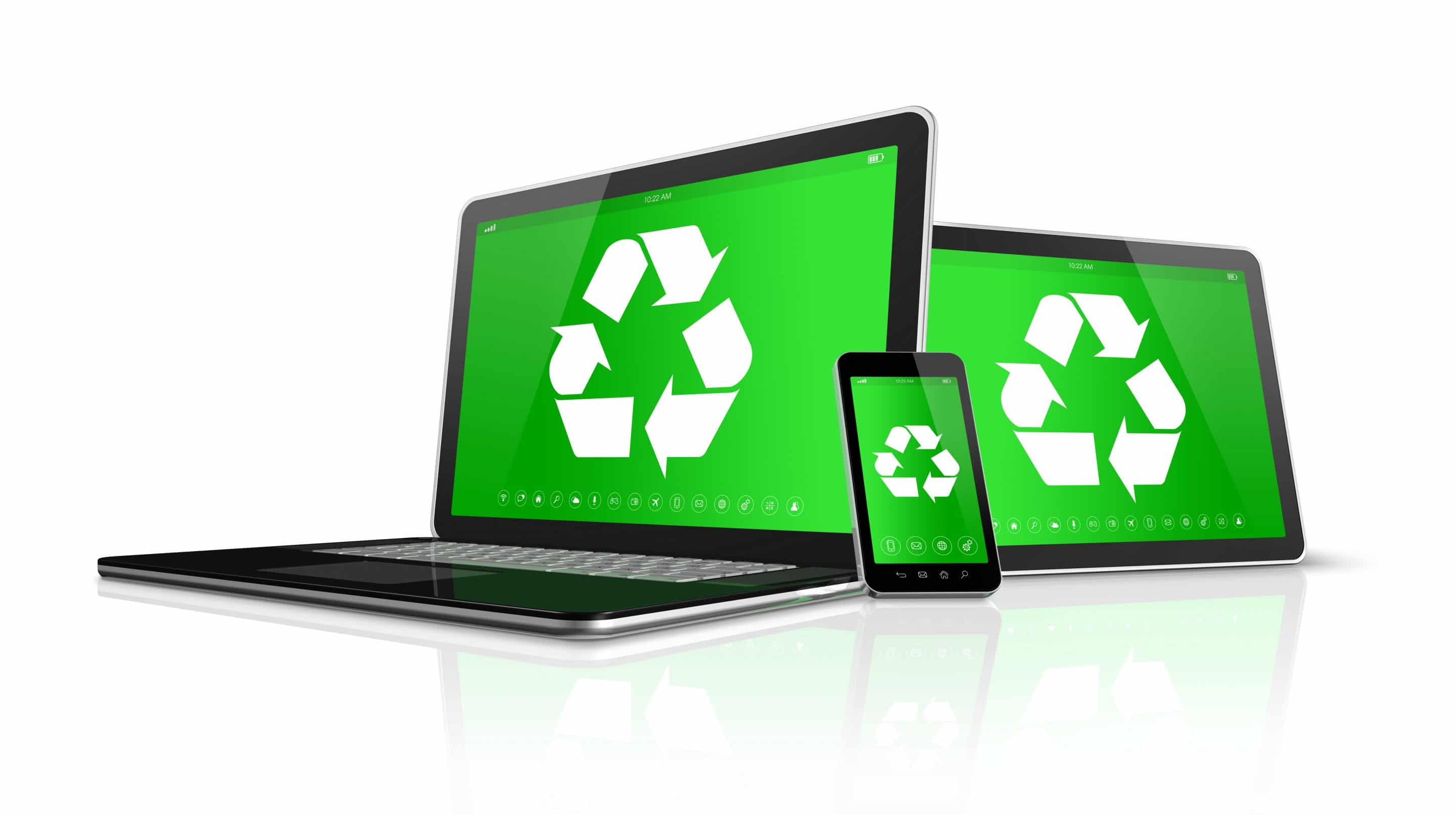 3D Laptop tablet PC and smartphone with a recycling symbol on screen.