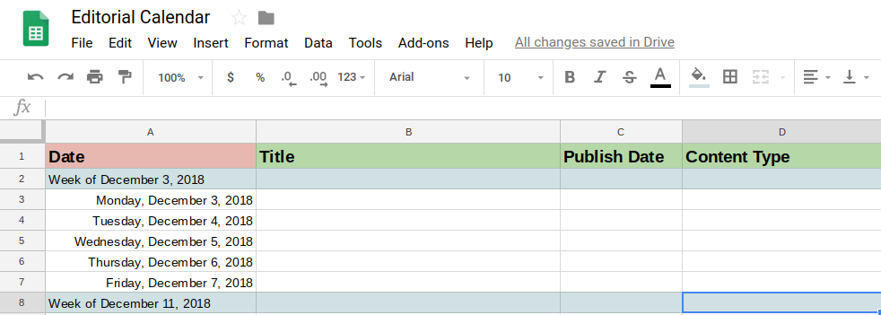 editorial calendar in Google sheets
