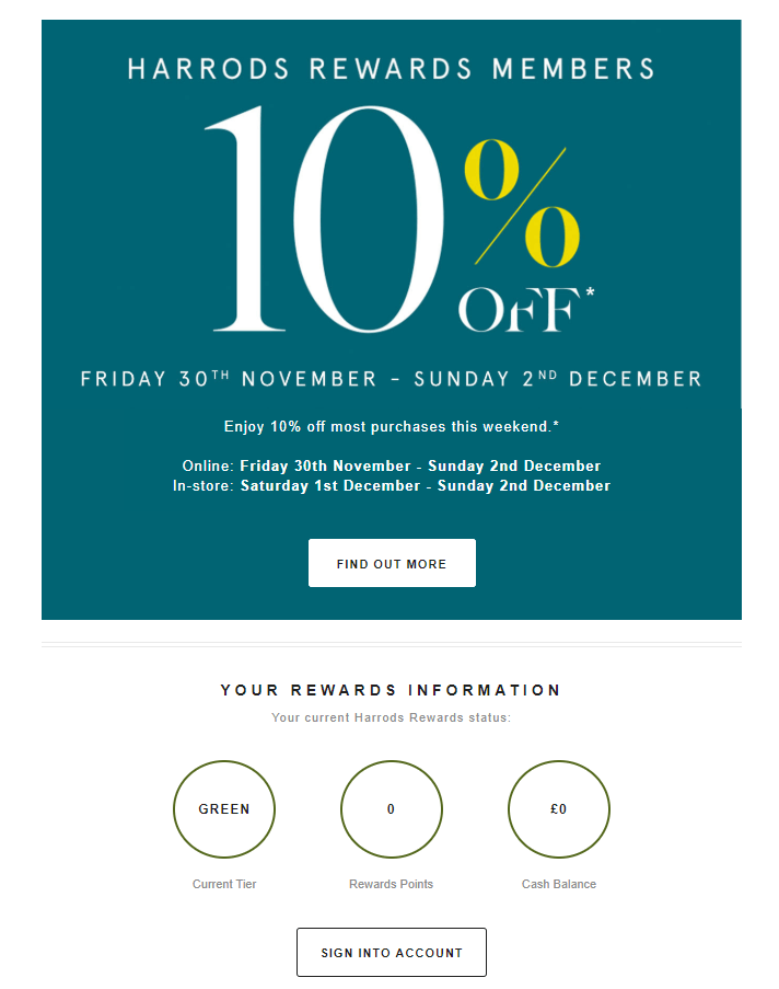 The marketing campaign of Harrods achieves personalisation by sending out emails enriched by loyalty data.